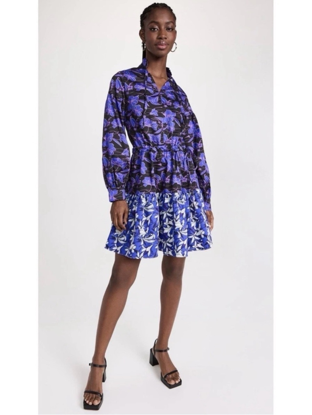 Snow Xue Gao New York Purple Floral Long‎ Sleeve Tiered Cotton Doll Dress